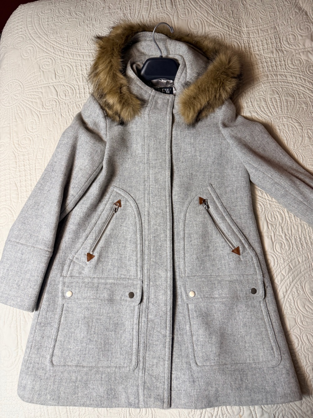 J. Crew Light Gray Wool-Blend Hooded Pea Coat with Faux Fur Trim